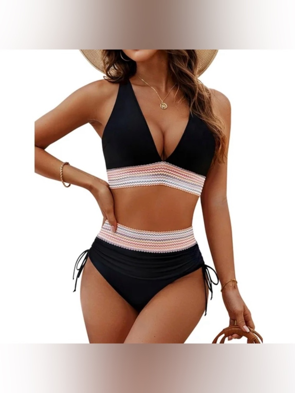 Blooming Jelly Black Swimsuit Set with Multicolor Waistband